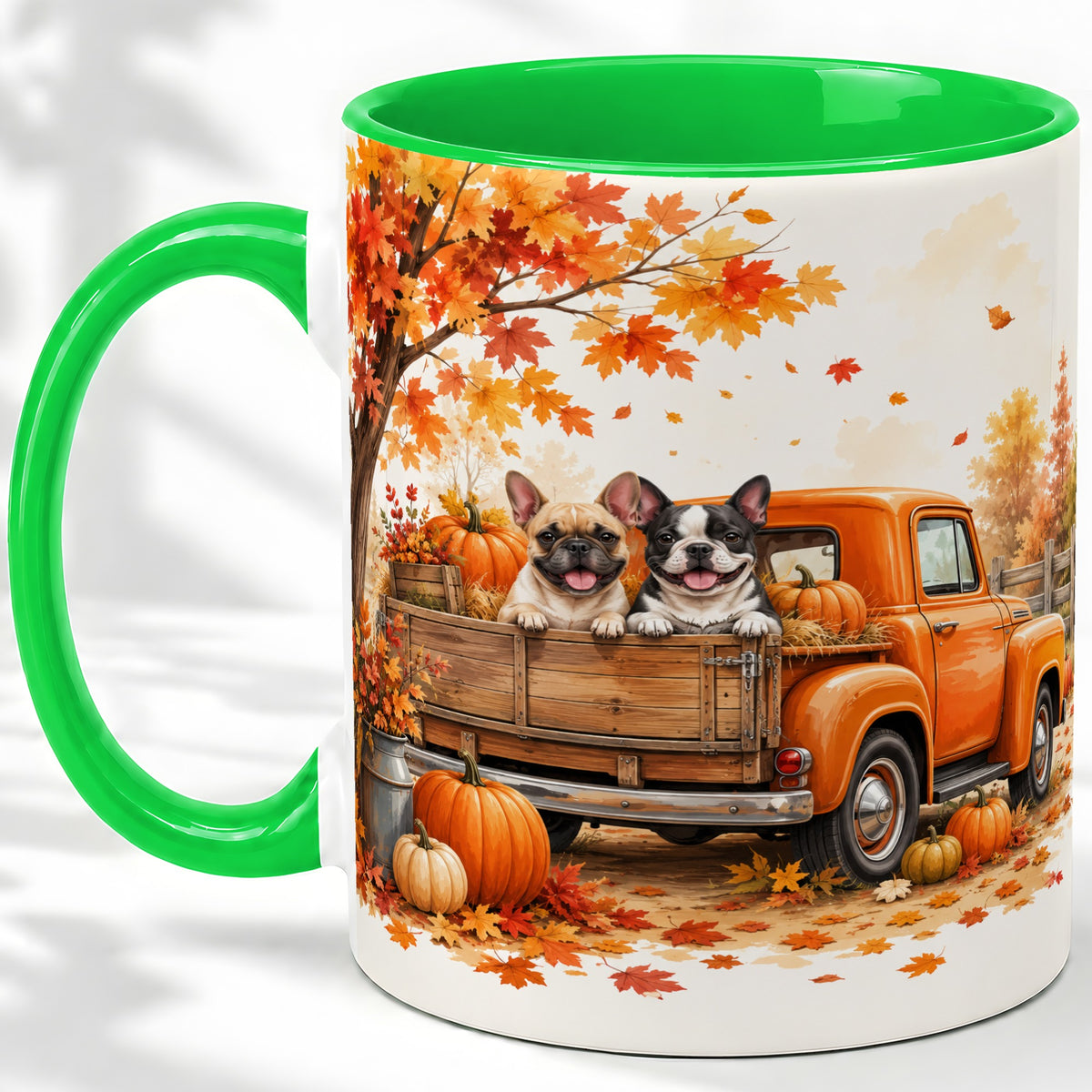#pl[11oz|Green] Autumn Dogs Pickup Truck Accent Mug, Mug with Pumpkin Artwork