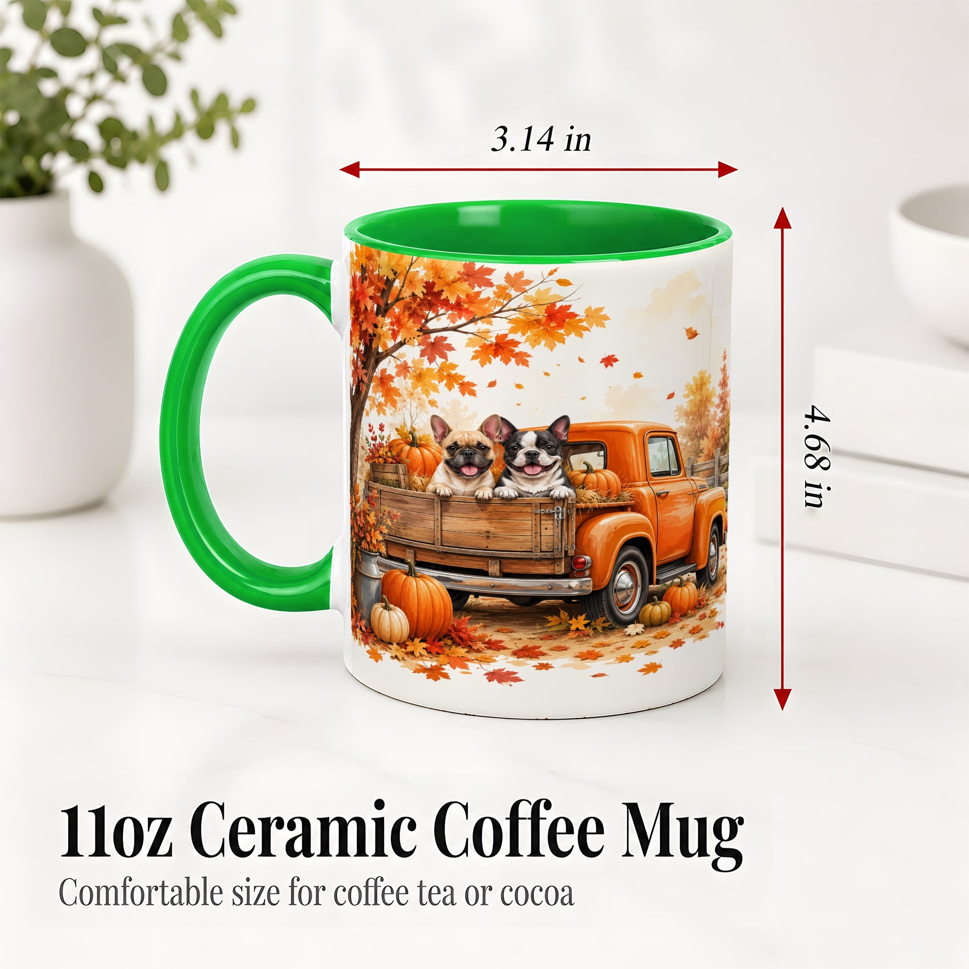 #pl[11oz|Green] Autumn Dogs Pickup Truck Accent Mug, Mug with Pumpkin Artwork