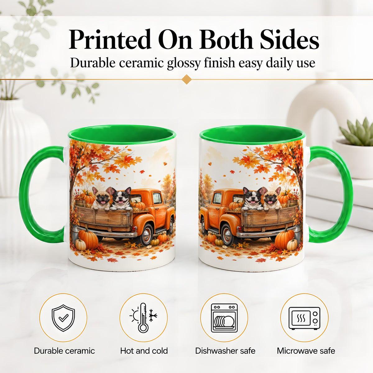 #pl[11oz|Green] Autumn Dogs Pickup Truck Accent Mug, Mug with Pumpkin Artwork