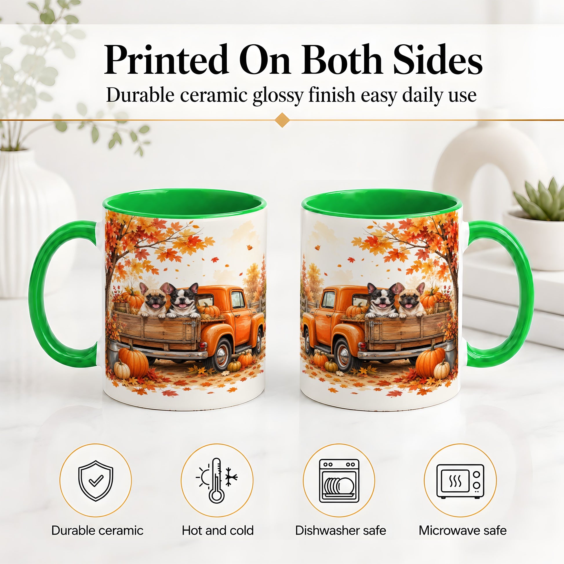 #pl[11oz|Green] Autumn Dogs Pickup Truck Accent Mug, Mug with Pumpkin Artwork