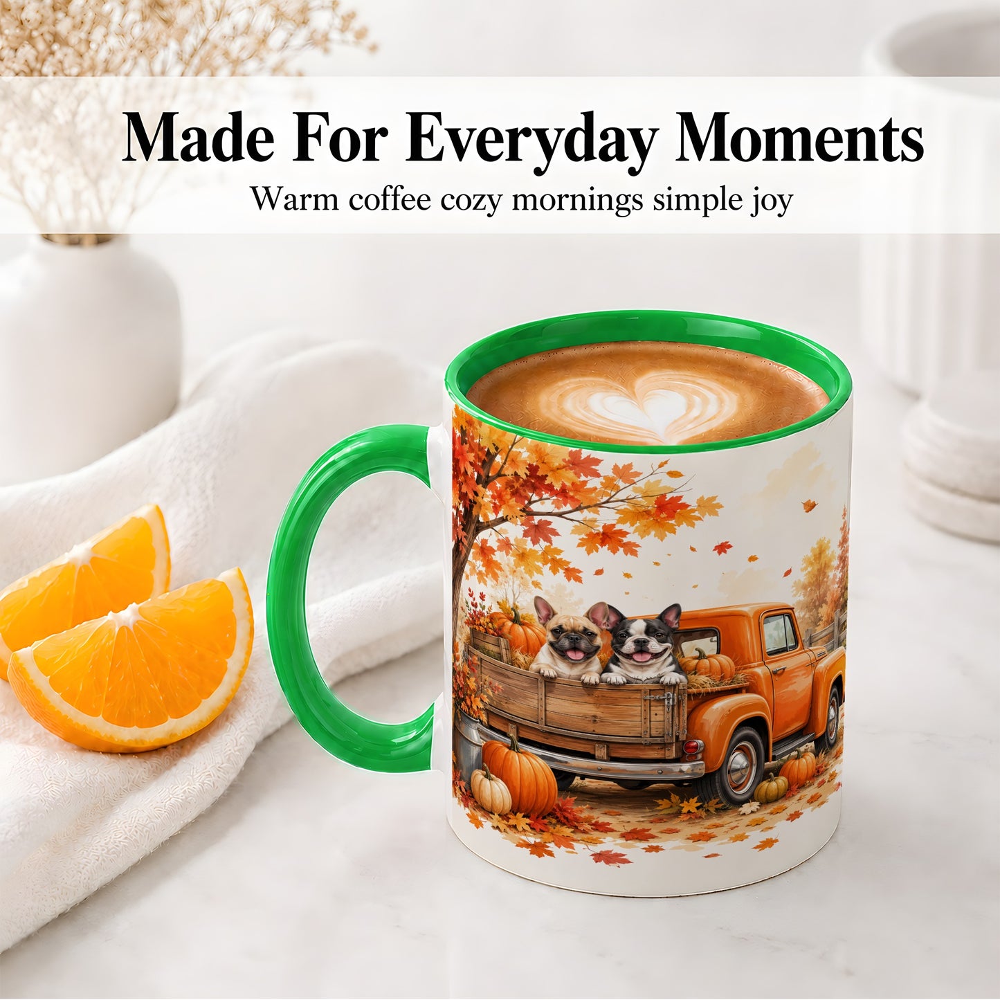 #pl[11oz|Green] Autumn Dogs Pickup Truck Accent Mug, Mug with Pumpkin Artwork