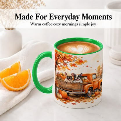 #pl[11oz|Green] Autumn Dogs Pickup Truck Accent Mug, Mug with Pumpkin Artwork
