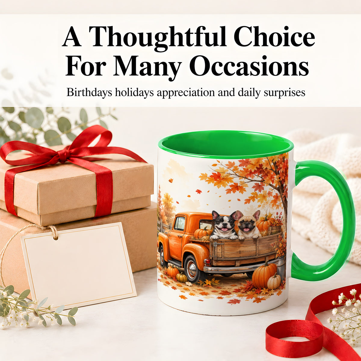 #pl[11oz|Green] Autumn Dogs Pickup Truck Accent Mug, Mug with Pumpkin Artwork