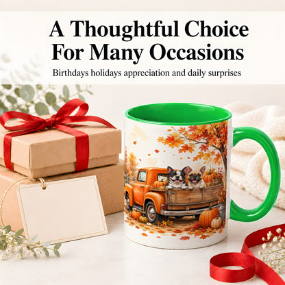 #pl[11oz|Green] Autumn Dogs Pickup Truck Accent Mug, Mug with Pumpkin Artwork
