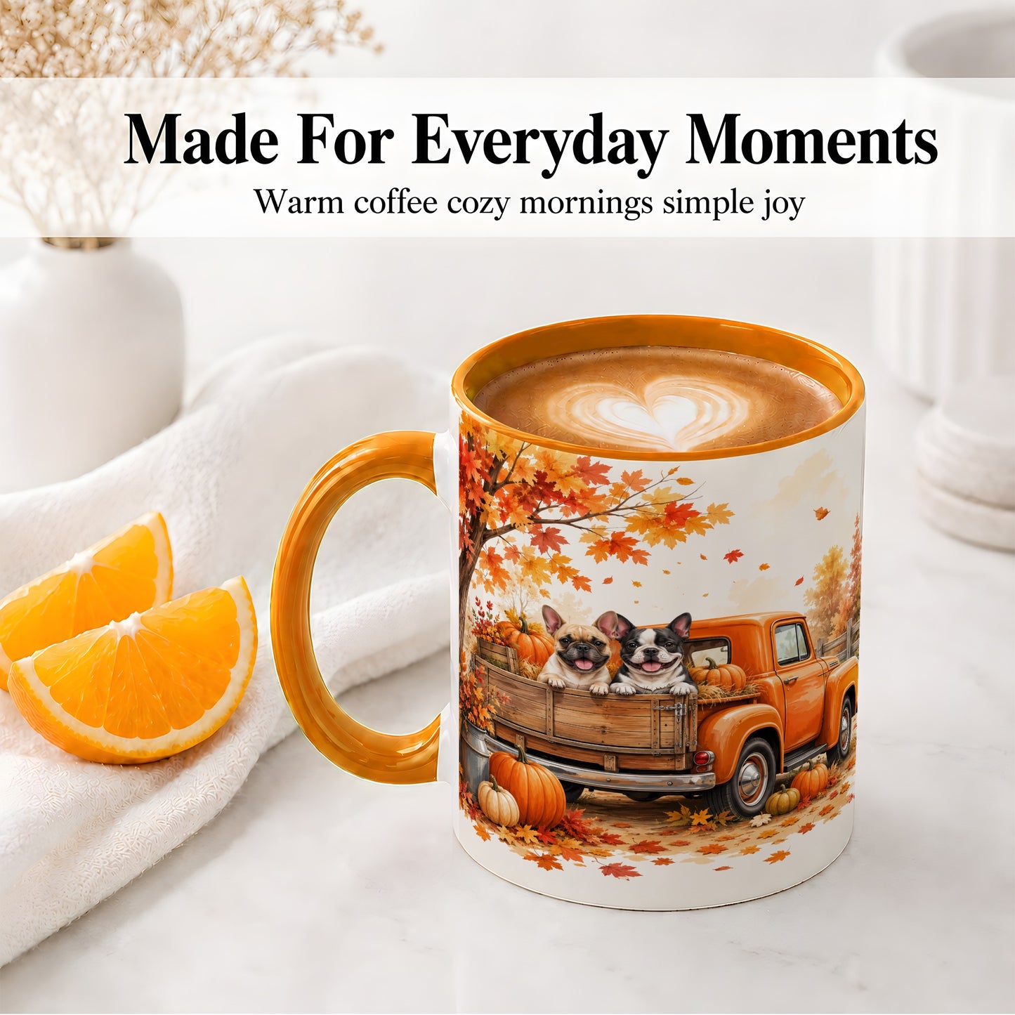 #pl[11oz|Orange] Autumn Dogs Pickup Truck Accent Mug, Mug with Pumpkin Artwork