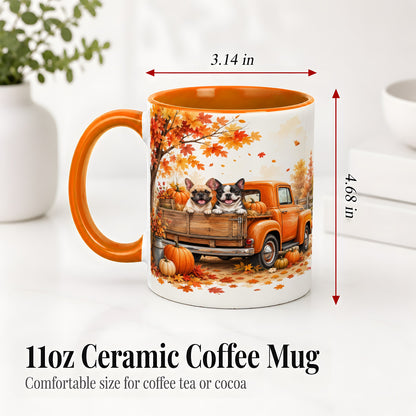 #pl[11oz|Orange] Autumn Dogs Pickup Truck Accent Mug, Mug with Pumpkin Artwork
