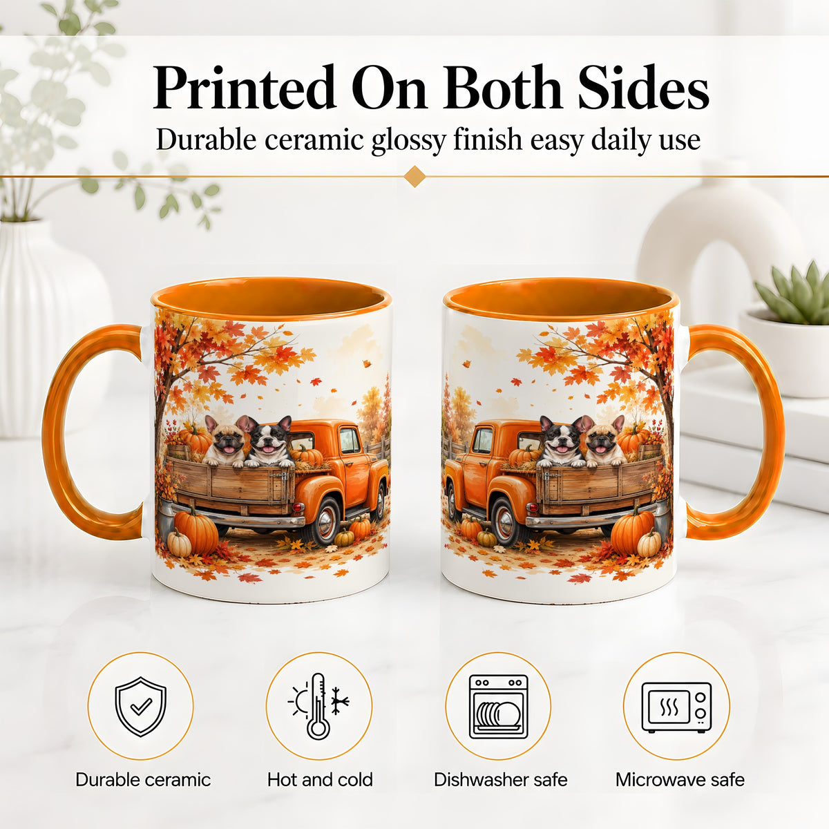 #pl[11oz|Orange] Autumn Dogs Pickup Truck Accent Mug, Mug with Pumpkin Artwork