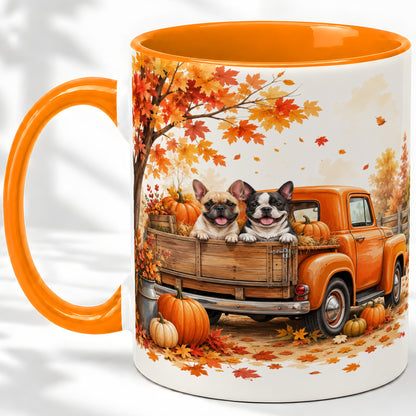 #pl[11oz|Orange] Autumn Dogs Pickup Truck Accent Mug, Mug with Pumpkin Artwork