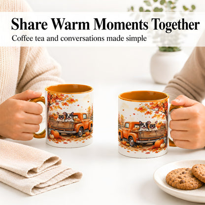 #pl[11oz|Orange] Autumn Dogs Pickup Truck Accent Mug, Mug with Pumpkin Artwork