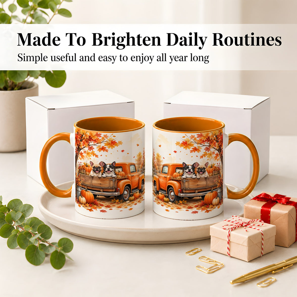 #pl[11oz|Orange] Autumn Dogs Pickup Truck Accent Mug, Mug with Pumpkin Artwork