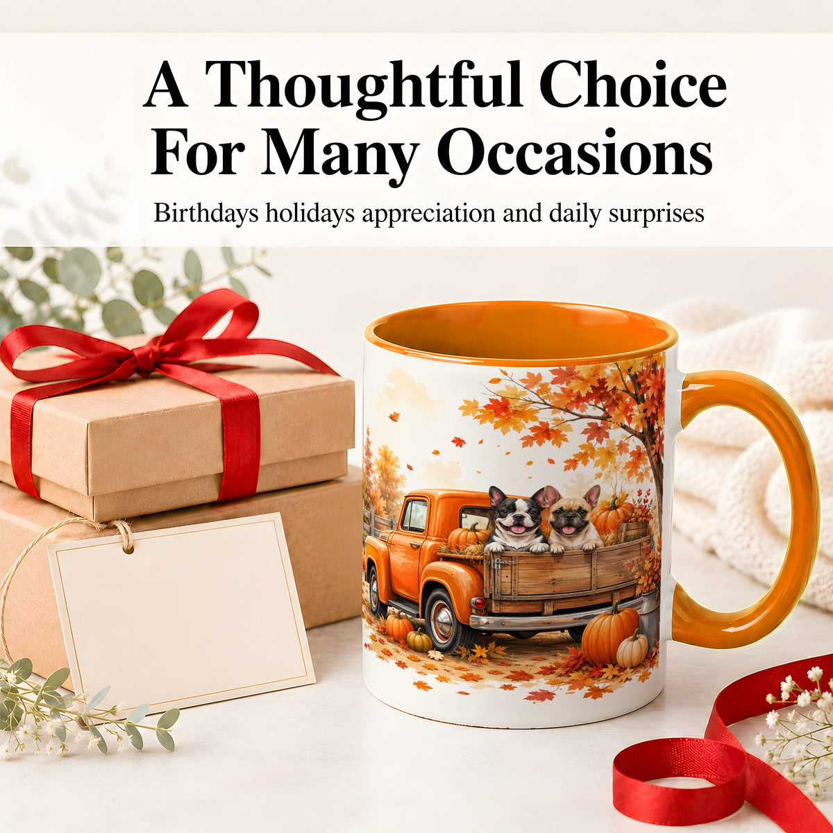 #pl[11oz|Orange] Autumn Dogs Pickup Truck Accent Mug, Mug with Pumpkin Artwork