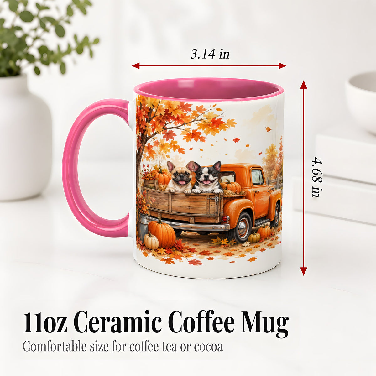#pl[11oz|Pink] Autumn Dogs Pickup Truck Accent Mug, Mug with Pumpkin Artwork