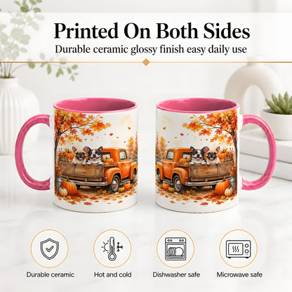#pl[11oz|Pink] Autumn Dogs Pickup Truck Accent Mug, Mug with Pumpkin Artwork