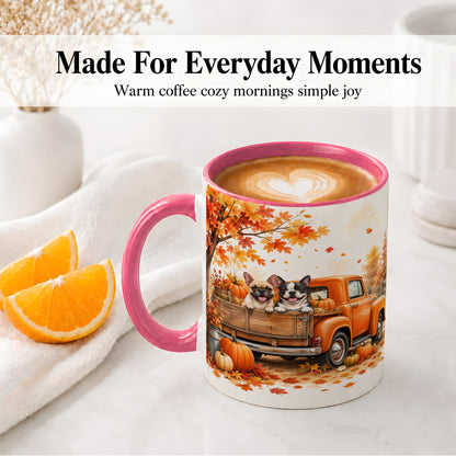 #pl[11oz|Pink] Autumn Dogs Pickup Truck Accent Mug, Mug with Pumpkin Artwork