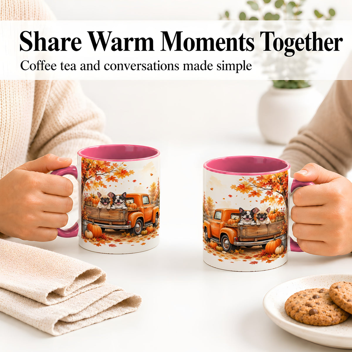 #pl[11oz|Pink] Autumn Dogs Pickup Truck Accent Mug, Mug with Pumpkin Artwork