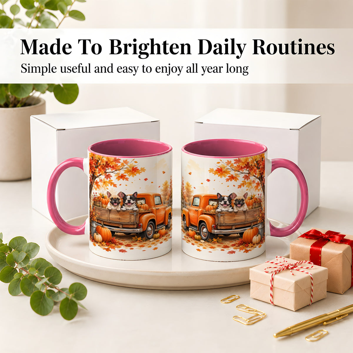 #pl[11oz|Pink] Autumn Dogs Pickup Truck Accent Mug, Mug with Pumpkin Artwork