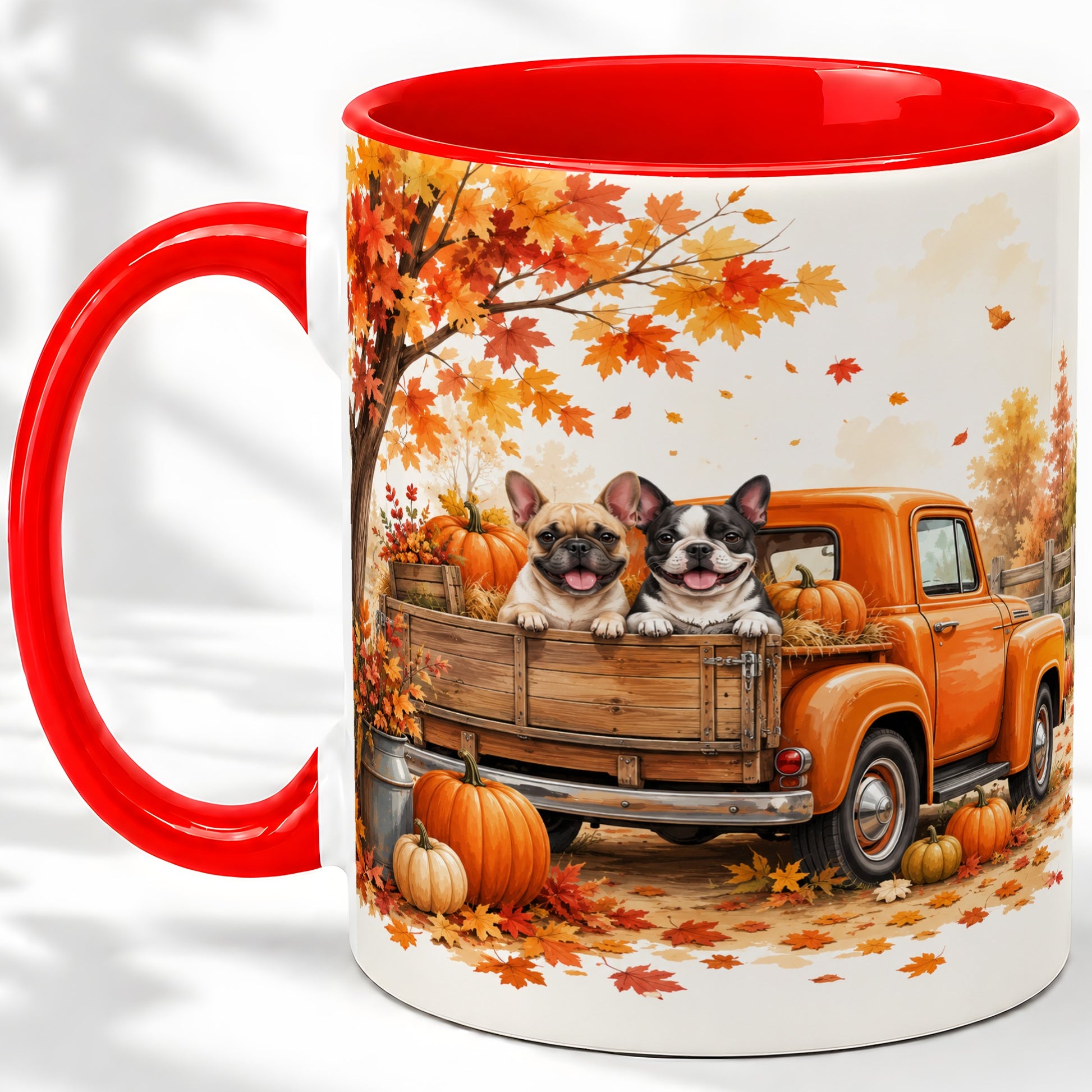 Autumn Dogs Pickup Truck Accent Mug, Mug with Pumpkin Artwork