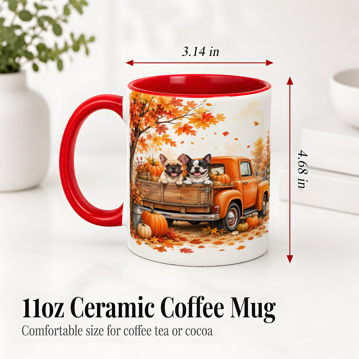#pl[11oz|Red] Autumn Dogs Pickup Truck Accent Mug, Mug with Pumpkin Artwork