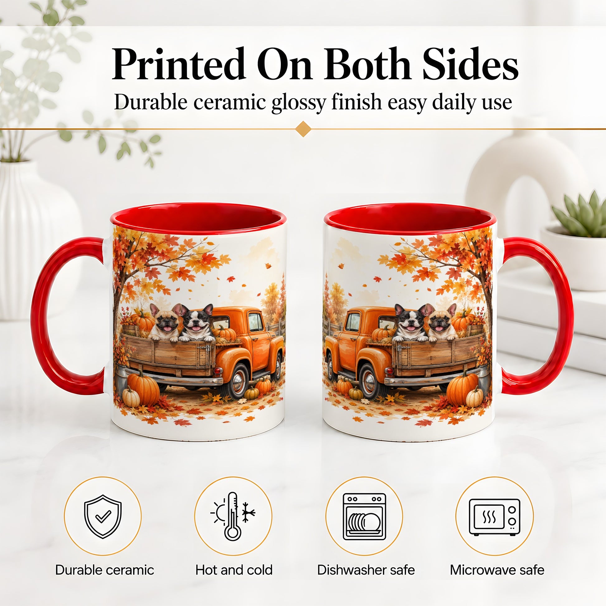 #pl[11oz|Red] Autumn Dogs Pickup Truck Accent Mug, Mug with Pumpkin Artwork