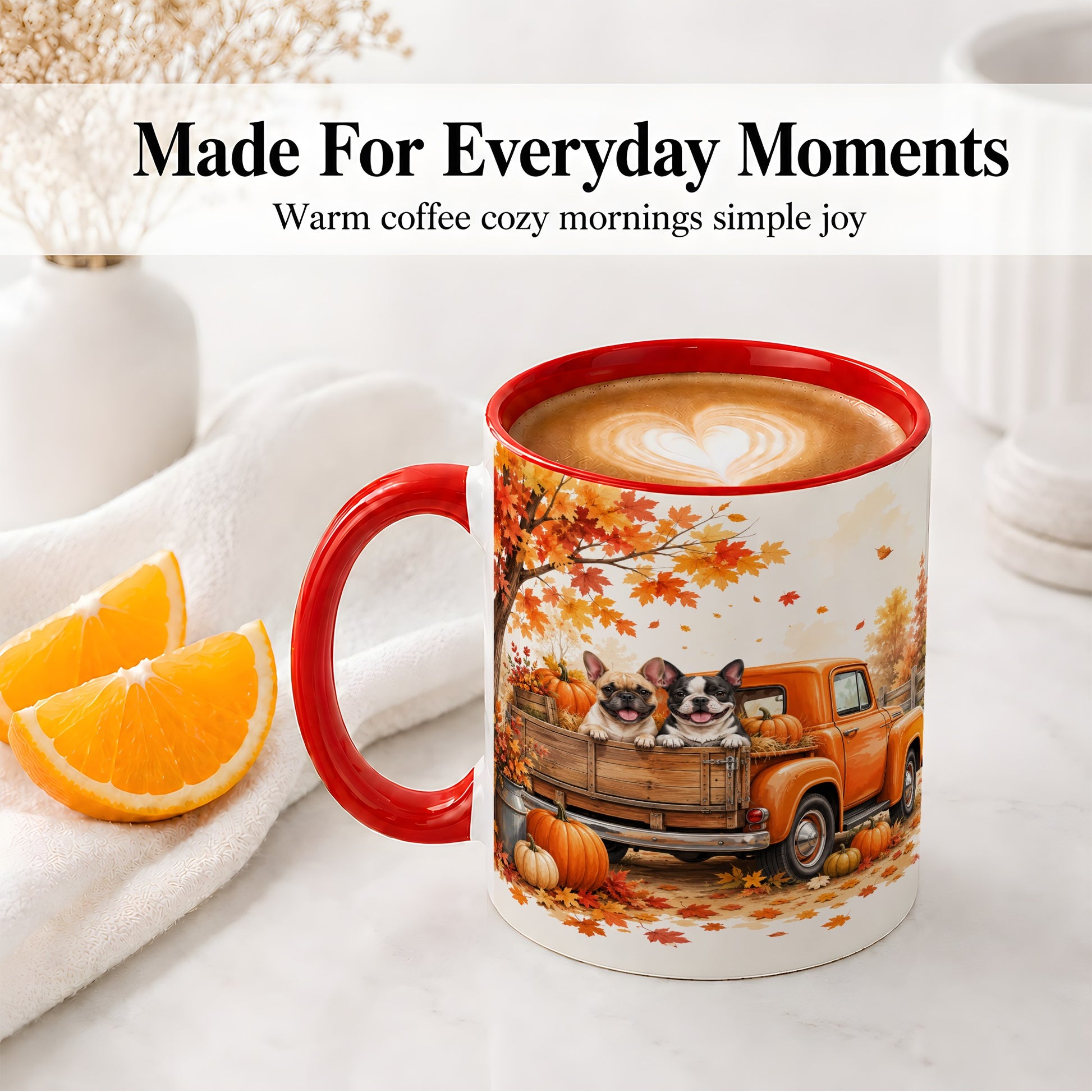 #pl[11oz|Red] Autumn Dogs Pickup Truck Accent Mug, Mug with Pumpkin Artwork