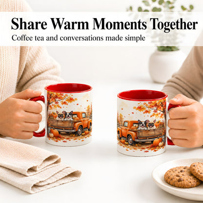 #pl[11oz|Red] Autumn Dogs Pickup Truck Accent Mug, Mug with Pumpkin Artwork