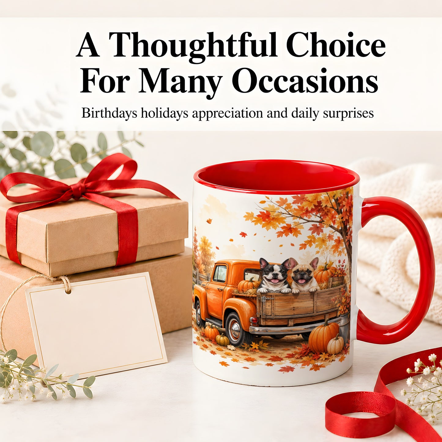 #pl[11oz|Red] Autumn Dogs Pickup Truck Accent Mug, Mug with Pumpkin Artwork
