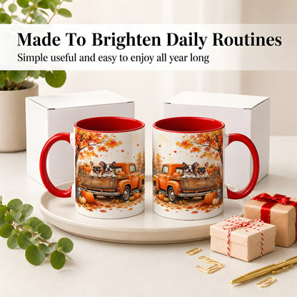 #pl[11oz|Red] Autumn Dogs Pickup Truck Accent Mug, Mug with Pumpkin Artwork