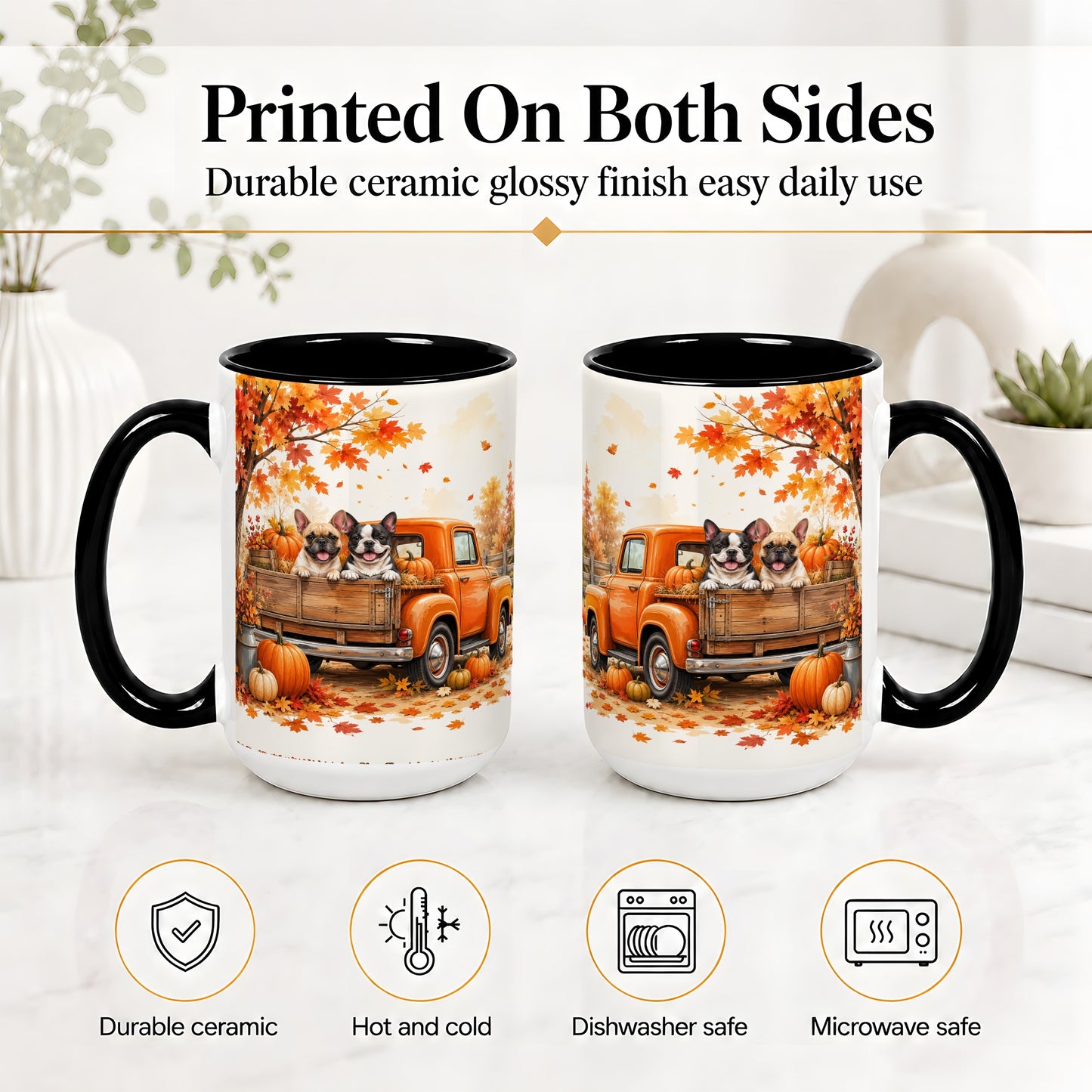 #pl[15oz|Black] Autumn Dogs Pickup Truck Accent Mug, Mug with Pumpkin Artwork