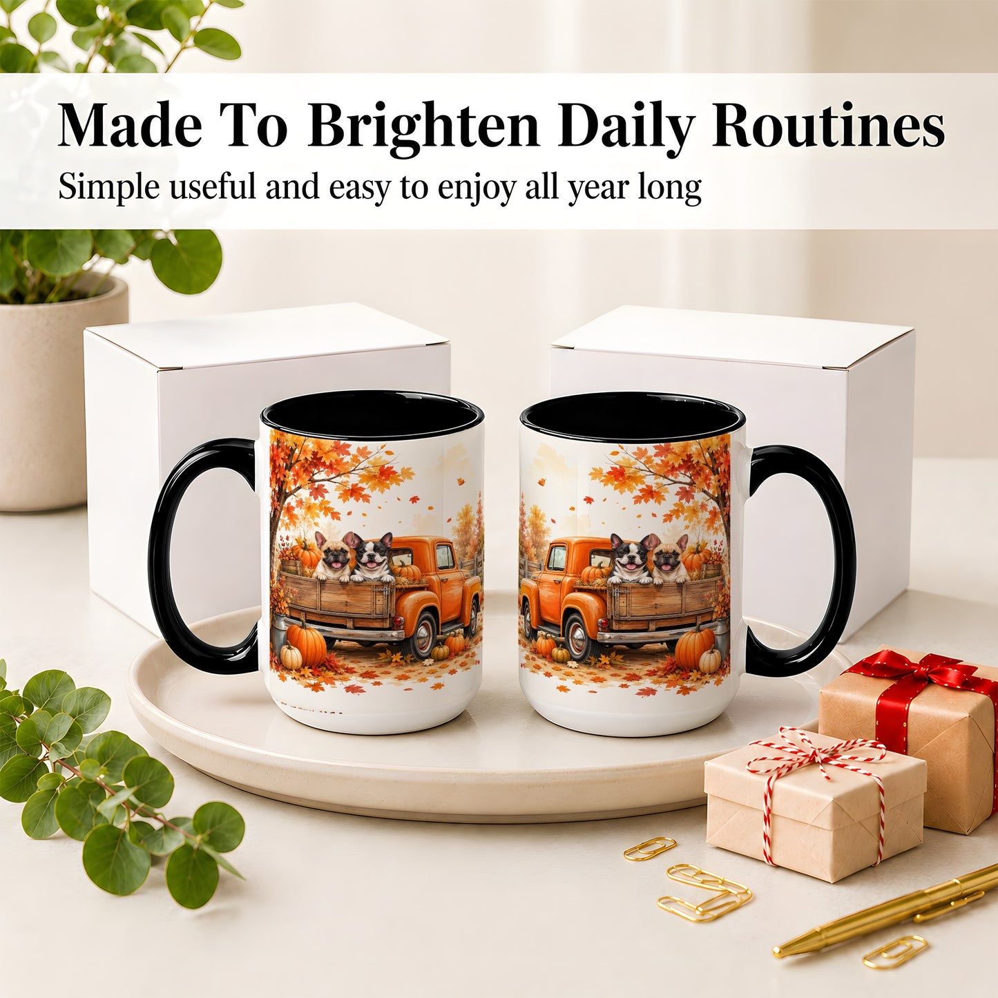 #pl[15oz|Black] Autumn Dogs Pickup Truck Accent Mug, Mug with Pumpkin Artwork