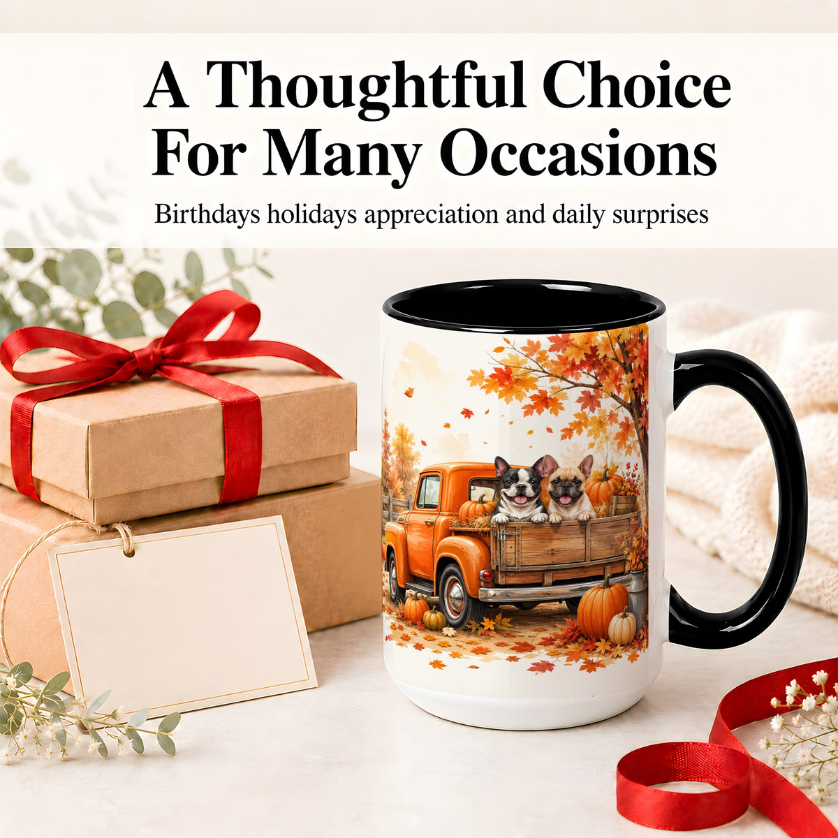 #pl[15oz|Black] Autumn Dogs Pickup Truck Accent Mug, Mug with Pumpkin Artwork
