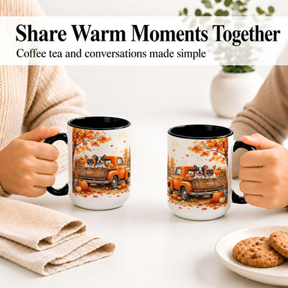 #pl[15oz|Black] Autumn Dogs Pickup Truck Accent Mug, Mug with Pumpkin Artwork