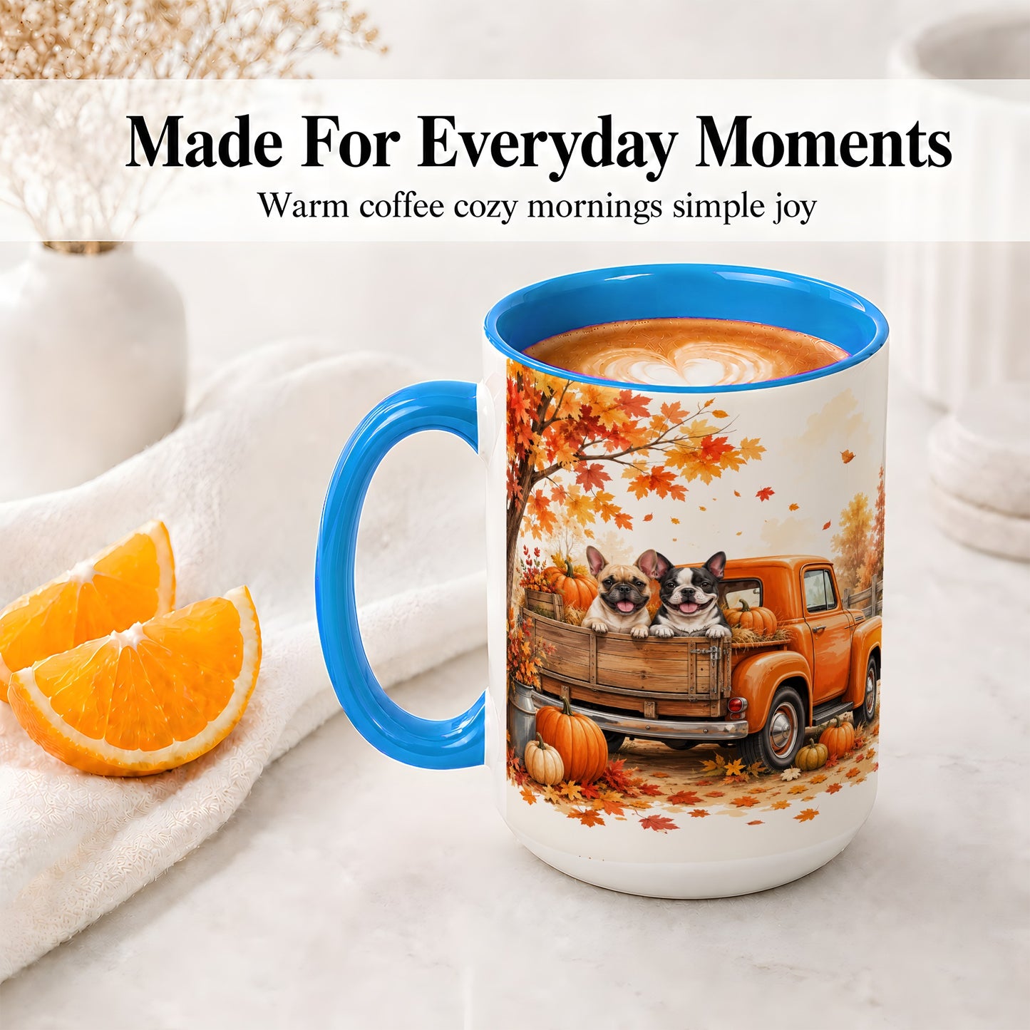 #pl[15oz|Blue] Autumn Dogs Pickup Truck Accent Mug, Mug with Pumpkin Artwork