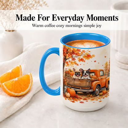 #pl[15oz|Blue] Autumn Dogs Pickup Truck Accent Mug, Mug with Pumpkin Artwork