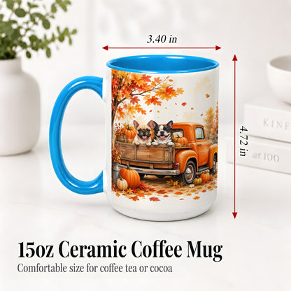 #pl[15oz|Blue] Autumn Dogs Pickup Truck Accent Mug, Mug with Pumpkin Artwork