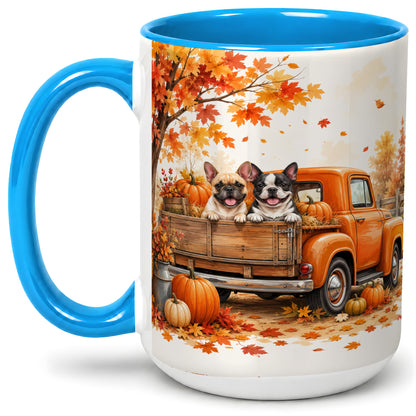 #pl[15oz|Blue] Autumn Dogs Pickup Truck Accent Mug, Mug with Pumpkin Artwork