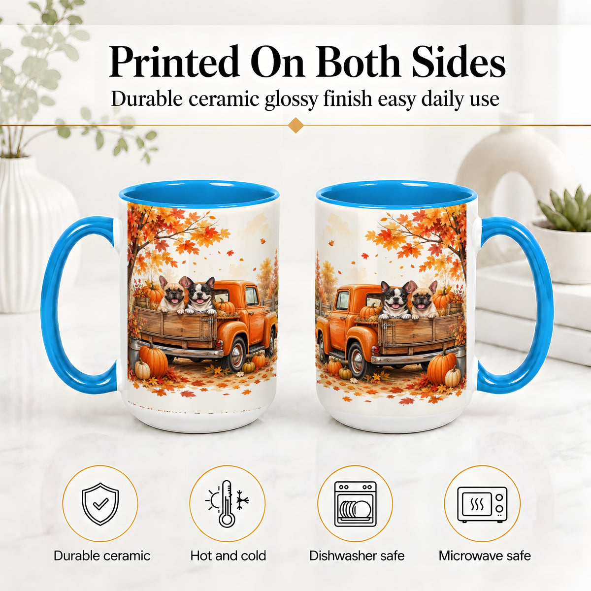 #pl[15oz|Blue] Autumn Dogs Pickup Truck Accent Mug, Mug with Pumpkin Artwork