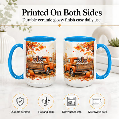#pl[15oz|Blue] Autumn Dogs Pickup Truck Accent Mug, Mug with Pumpkin Artwork