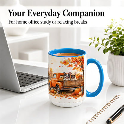 #pl[15oz|Blue] Autumn Dogs Pickup Truck Accent Mug, Mug with Pumpkin Artwork