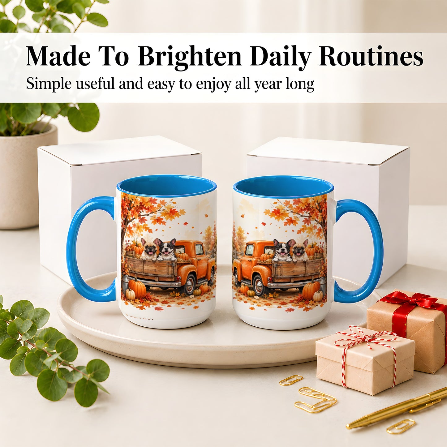 #pl[15oz|Blue] Autumn Dogs Pickup Truck Accent Mug, Mug with Pumpkin Artwork