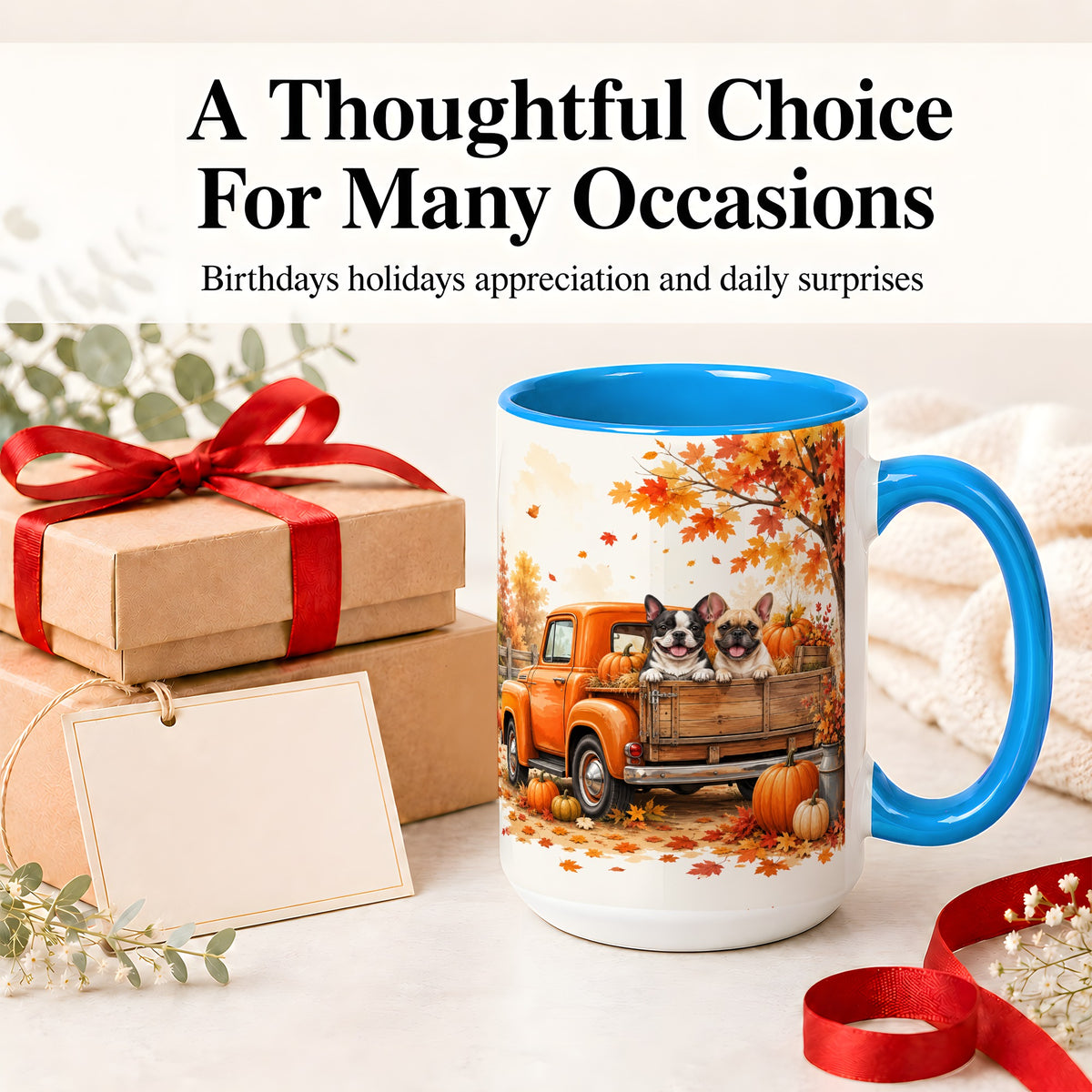 #pl[15oz|Blue] Autumn Dogs Pickup Truck Accent Mug, Mug with Pumpkin Artwork