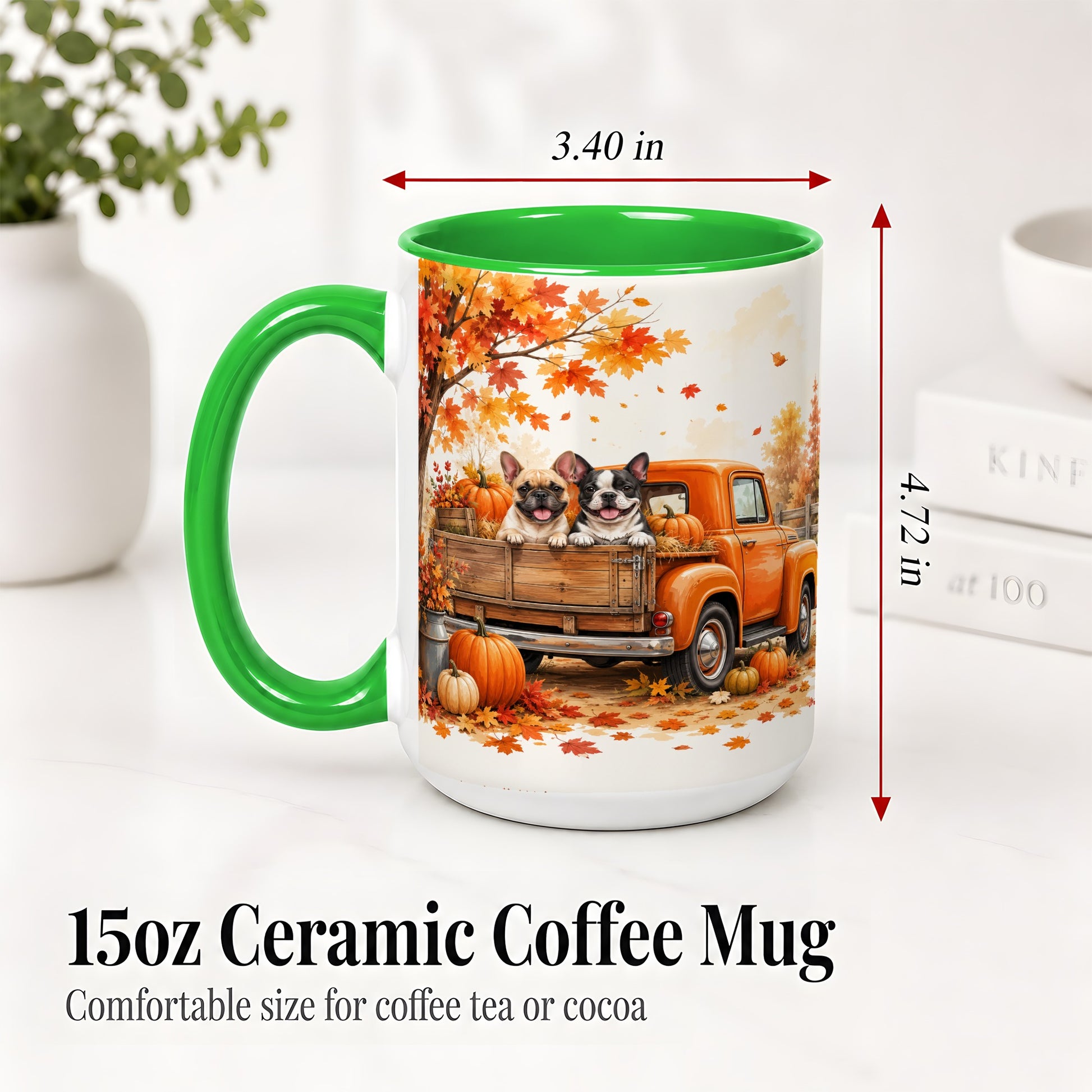 #pl[15oz|Green] Autumn Dogs Pickup Truck Accent Mug, Mug with Pumpkin Artwork