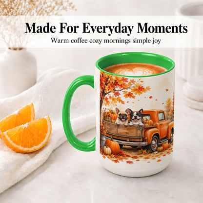 #pl[15oz|Green] Autumn Dogs Pickup Truck Accent Mug, Mug with Pumpkin Artwork
