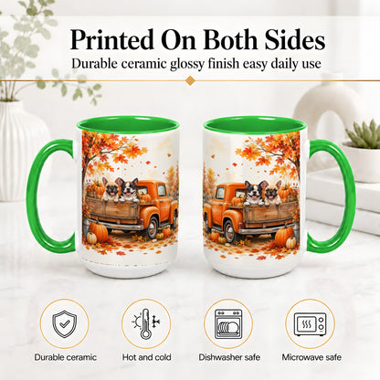 #pl[15oz|Green] Autumn Dogs Pickup Truck Accent Mug, Mug with Pumpkin Artwork