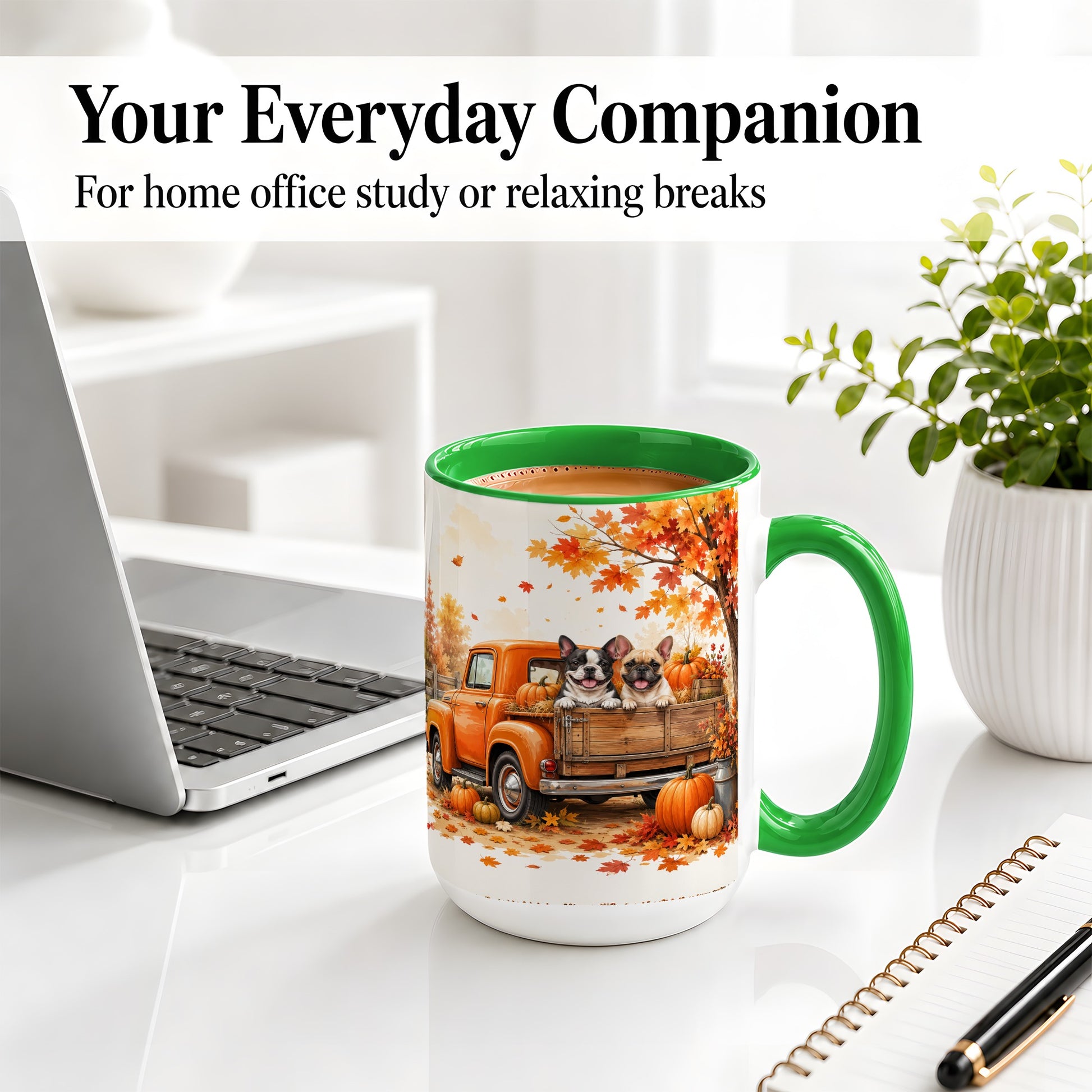 #pl[15oz|Green] Autumn Dogs Pickup Truck Accent Mug, Mug with Pumpkin Artwork