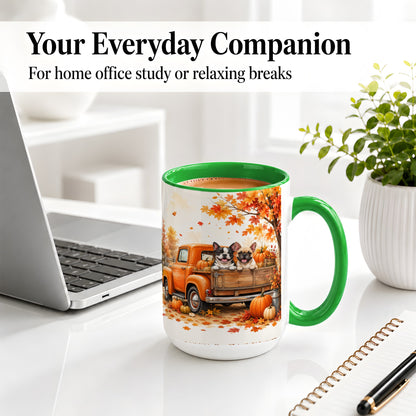 #pl[15oz|Green] Autumn Dogs Pickup Truck Accent Mug, Mug with Pumpkin Artwork