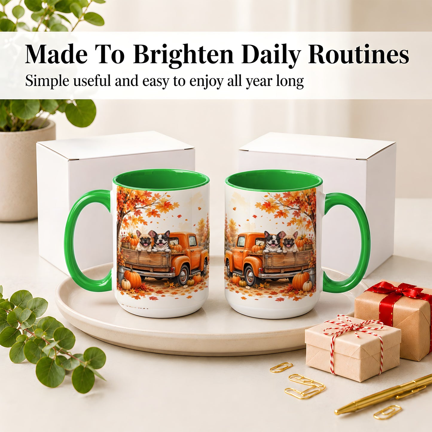 #pl[15oz|Green] Autumn Dogs Pickup Truck Accent Mug, Mug with Pumpkin Artwork
