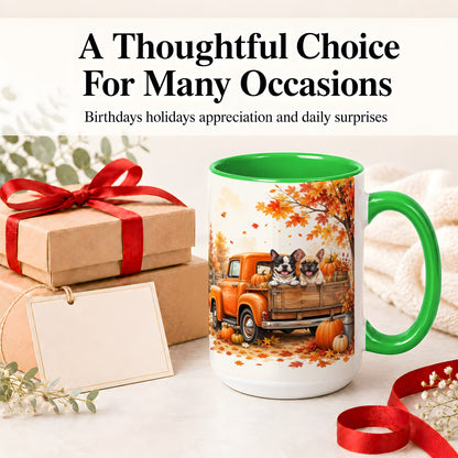 #pl[15oz|Green] Autumn Dogs Pickup Truck Accent Mug, Mug with Pumpkin Artwork