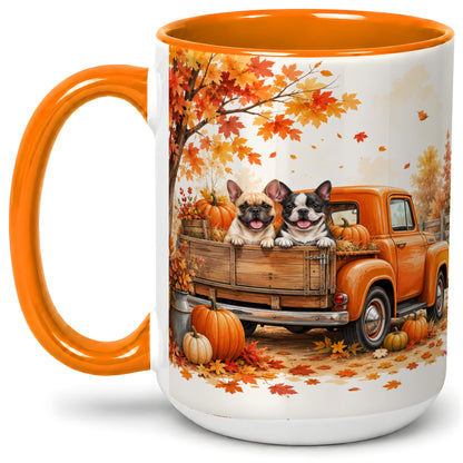 #pl[15oz|Orange] Autumn Dogs Pickup Truck Accent Mug, Mug with Pumpkin Artwork