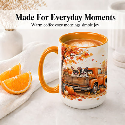 #pl[15oz|Orange] Autumn Dogs Pickup Truck Accent Mug, Mug with Pumpkin Artwork