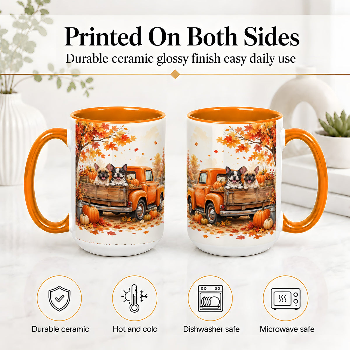 #pl[15oz|Orange] Autumn Dogs Pickup Truck Accent Mug, Mug with Pumpkin Artwork